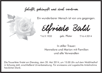 Traueranzeige von Elfriede Bald von Pegnitz-Zeitung